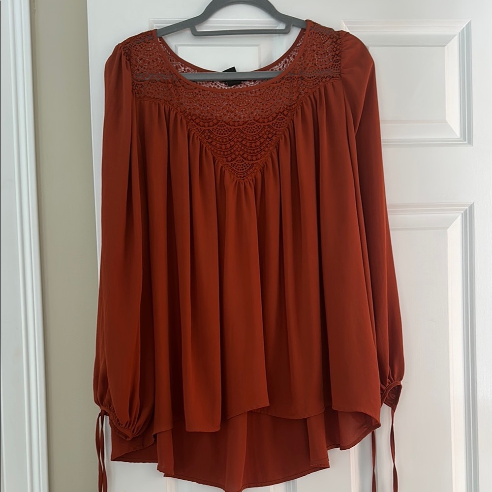 H&M Orange Blouse, Lace Bib Front, Tie Sleeves, Plus, Sz 14, EUC